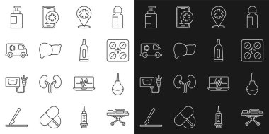 Sıralı Sedye, Enema, su toplayan haplar, çapraz hastaneli konum, insan organı karaciğeri, acil durum arabası, el dezenfektanı şişesi ve krem tüp ilaç ikonu. Vektör