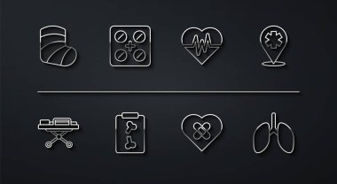 Alçıtaşı, Sedye, çapraz hastaneli konum, kırık kalp, röntgen aşıları, su toplayan haplar, akciğerler ve kalp atış hızı ikonu. Vektör