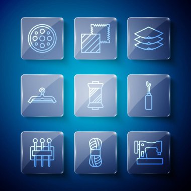 Dikiş iğnesi, iplik, dikiş makinesi, katman giyim tekstili, makaradaki iplik, elbise dolabı, düğme ve Awl alet ikonu. Vektör