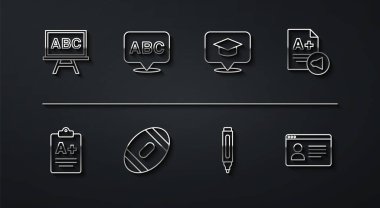 Çizgi tahtası, A + notlu sınav kağıdı, işaret kalemi, Amerikan futbolu, alfabe, çevrimiçi sınıf ve mezuniyet kapağı konuşma balonu ikonu. Vektör