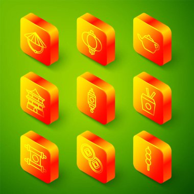 Çin konik hasır şapkası, kağıt fener, çay seremonisi, ev, erişte kutusu ve yemek çubukları, ferman, kağıt, parşömen, parşömen, parşömen ve Yuan para birimi simgesi. Vektör