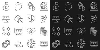 Online kumar makinesini piyango, kumarhane fişleri, yonca, para değişimi, oyun zarları, para çantası ve iskambil ikonu ile ayarla. Vektör