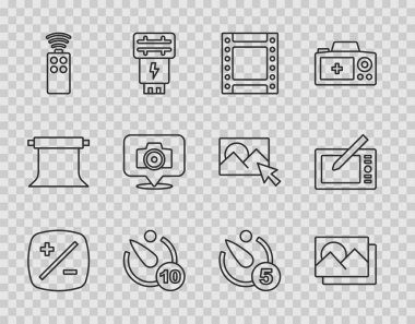 Çizgi Pozlama tazminatını, fotoğraf çerçevesini, kamera rulosu kartuşunu, zamanlayıcıyı, kamera için uzaktan kumandayı ve grafik tablet simgesini ayarla. Vektör