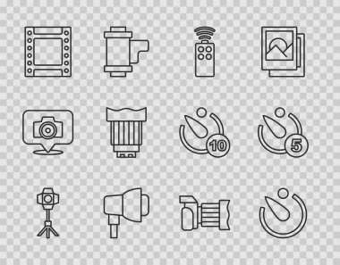 Satır Softbox ışığını ayarla, kamera zamanlayıcısı, kamera için uzaktan kumanda, rulo kartuşu, fotoğraf lensi, fotoğraf ve simge. Vektör