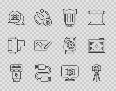 Fotoğraf makinesi flaşı, fotoğraf makinesi objektifi, USB kablo kablosu rötuşlama ve simgeyi ayarla. Vektör