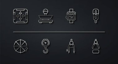 Çizgi Alan Ölçümü, Parça Çemberi, Tıbbi termometre, Çizim pusulası, El ölçekli yay mekaniği, Ölçek ve Akıllı Saat simgesi. Vektör