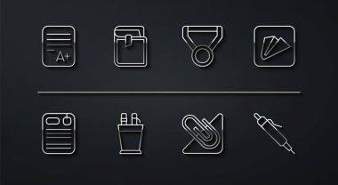 Sınav kağıdını A + notu, dosya klasörü, kağıt uçak, ataç, kalem kutusu kırtasiyesi, kitap ve madalya ikonu ile ayarla. Vektör