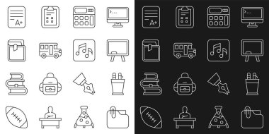 Klipsi, kalem kutusu kırtasiyesi, yazı tahtası, hesap makinesi, okul otobüsü, kitap, sınav kağıdı A artı not ve müzik notası, ton simgesi ile satır dizinini ayarla. Vektör