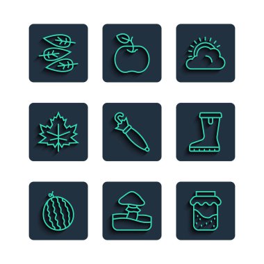 Karpuz, mantar, reçel kavanozu, güneş ve bulut havası, Şemsiye, Yaprak ya da yapraklar ve su geçirmez lastik bot ikonu. Vektör