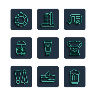 Yüzmek için kauçuk paletler, yüzgeç yüzgeci, tahta bira kupası, karavan karavanı, güneş kremi tüpü, Fast street food arabası, Lifebuoy ve vücut geliştirici kas ikonu. Vektör