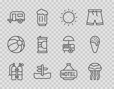 Set hattı Aqualung, Denizanası, Güneş, Trafik Tabelası, Karavan Kamp Karavanı, Soda Kutusu, Mesaj Oteli ve Dondurma külahlı İşaret Panosu. Vektör