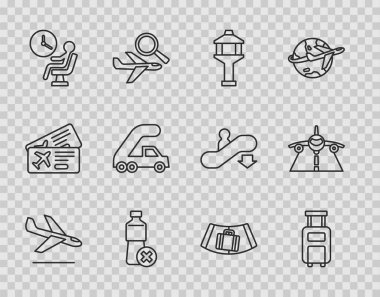 Uçak inişi, bavul, havaalanı kontrol kulesi, su şişesi yok, havalimanı terminali, yolcu merdiveni uçağa binmek için, bavullu ve ikonlu taşıyıcı bant. Vektör