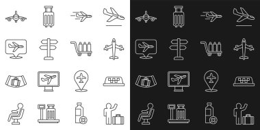 Bavullu bir turist, taksi durağı, uçak, trafik ışığı ve yük ikonu. Vektör