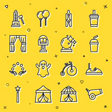 Cannon, Bumper Car, su dolu kağıt bardak, sirk bileti, Cazibe atlıkarınca, perde kaldırma, Striker çekiç ve sihirli top ikonu. Vektör