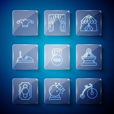 Sirk bileti, Magic Ball, Vintage bisiklet, çadır, ağırlık, tampon araba, zilli soytarı şapkası ve salıncak ikonu. Vektör