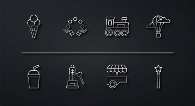 Dondurmayı waffle külahına koyun, kağıt bardakta su, sıcak hava balonu, Fast Street yemek arabası, Striker çekiç, hokkabazlık, sihirli değnek ve oyuncak tren ikonu. Vektör