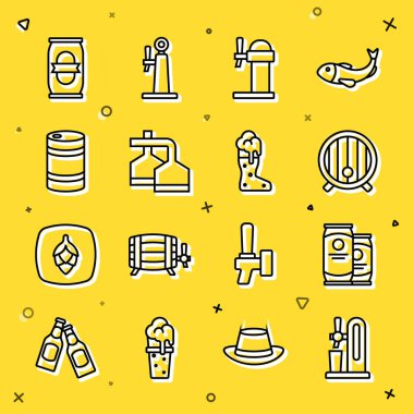 Bira fıçısını cam, kutu, tahta fıçı, Dispenser birası, demleme işlemi, metal fıçı ve çizme ikonu ile ayarlayın. Vektör