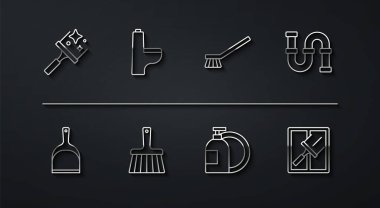 Camlar için lastik temizleyici, faraş, endüstriyel metalik boru, bulaşık deterjanı şişesi, süpürge, klozet ve temizlik ikonu. Vektör