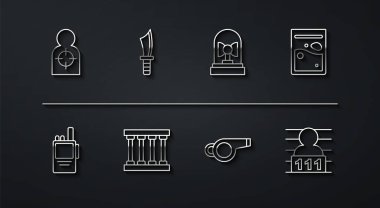 Atış için insan hedef tahtası, telsiz, plastik torba uyuşturucu, ıslık, hapishane penceresi, askeri bıçak, şüpheli suçlu ve Flasher Siren ikonu. Vektör