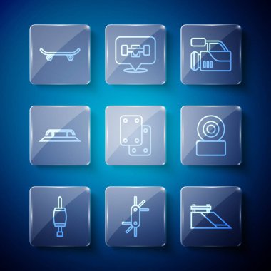 Sıralı tornavida, allen anahtarlar, kaykay parkı, sinema kamerası, dizlik, raylı kaykay merdivenleri ve tekerlek ikonu. Vektör