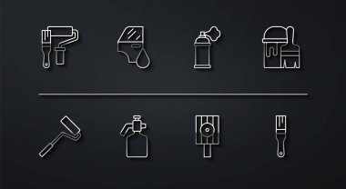 Çizgi boya fırçası, kova, sprey başlık, sprey tabanca, araba boyası ve ikon. Vektör