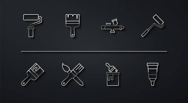 Çizgi boyası silindir fırçası, kova, tüp boya paleti ve sprey tabanca ikonu. Vektör