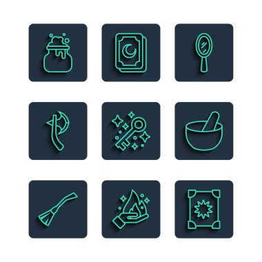 Cadı süpürgesi, ateş tutan el, Kadim büyü kitabı, sihirli el aynası, eski anahtar, tahta balta, kazan ve ikon. Vektör