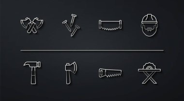 Tahta balta, çekiç, kereste, testere, metal çiviler, elektrik dairesi ve iki elli ikon. Vektör