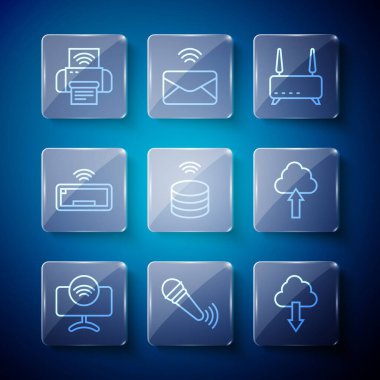 Akıllı TV sistemi, kablosuz mikrofon, bulut indirme, Router ve wi-fi sinyali, veri sunucusu, bilgisayar klavyesi, yazıcı ve yükleme simgesi ayarla. Vektör