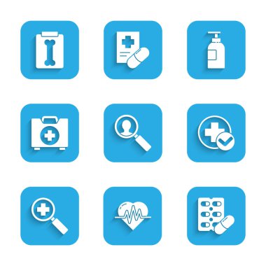 Tıbbi analizler, kalp atış hızı, su toplayan haplar, Cross Hastanesi 'nin tıbbi kayıtları, arama için büyüteç, ilk yardım çantası, el dezenfektanı şişesi ve röntgen çekimleri ikonu. Vektör
