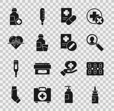 Şişe burun spreyini, şişedeki hapları, tıbbi analizi, reçeteyi, ilaç şurubunu, kalp atış hızını ve ikonu ayarlayın. Vektör