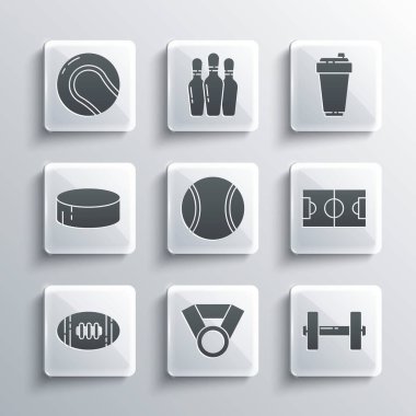 Set Madalyası, Aptal, Futbol Sahası, Tenis, Amerikan, Hokey Puck, Beyzbol ve Spor Sallama ikonu. Vektör