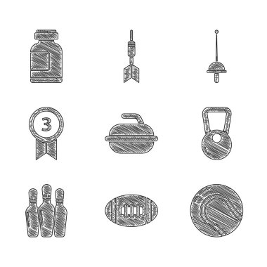 Kıvırcık spor oyunu için Set Stone, Amerikan Futbol, Beyzbol, Kettlebell, Bowling broşu, Madalya, Eskrim ve Spor beslenme ikonu. Vektör