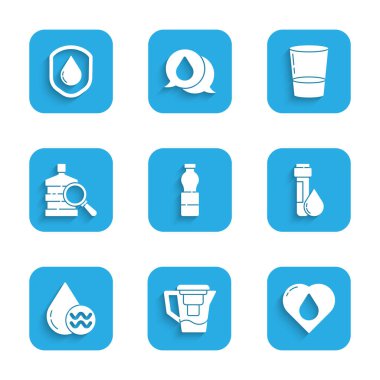 Bir şişe su, filtresi, kalp damlası, test tüpü, temiz su, büyük şişe, cam ve su geçirmez ikon. Vektör