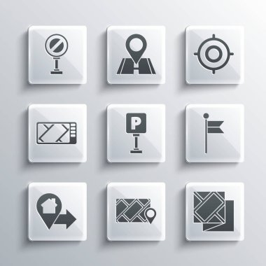 Şehir haritası navigasyonunu, Katlı, konum işaretleyicisini, park yerini, evi, GPS cihazını, dur işaretini ve hedef spor simgesini ayarla. Vektör