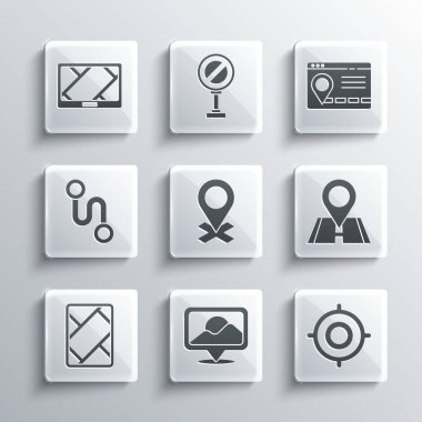 Konumu, hedef sporu, haritalı GPS aygıtı, rota konumu ve şehir navigasyon simgesinin Infographic bilgisini ayarla. Vektör