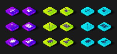 Set Diamond, Joker kafası, çapraz ortaçağ mızrakları, antik hazine sandığı, bayrak ve savaş yaylı ok ikonlu trompet. Vektör