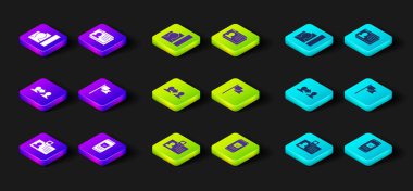 Kimlik kartı, akıllı telefon, proje ekibi üssü, konum belirleyici, özgeçmiş ve üretici insan simgesi ayarlayın. Vektör