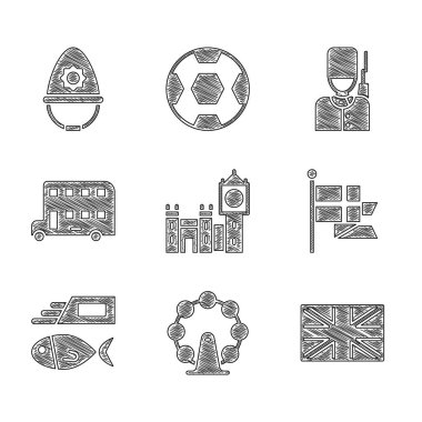 Big Ben kulesi, Londra gözü, İngiltere bayrağı bayrak direği, balık cipsi, çift katlı otobüs, İngiliz askeri ve polis miğferi ikonu. Vektör