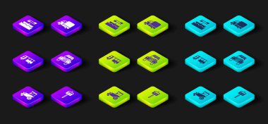 Traktör, trafik levhası, otobüs, araba, kargo kamyonu ve kürek ikonlu tekne. Vektör