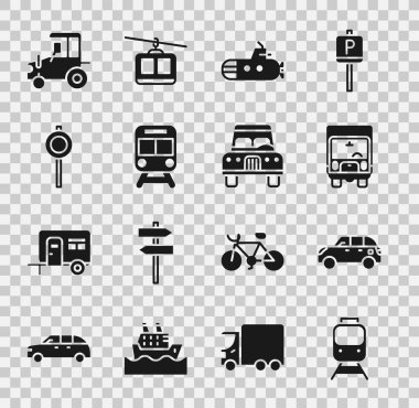 Tren ve demiryolu, Hatchback vagonu, kargo kamyonu, denizaltı, trafik levhası, traktör ve araba ikonu. Vektör