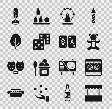 Bilet gişesi, atış poligonu, pelüş oyuncak, dönme dolap, zar oyunu, ağaç ve Tarot kartı ikonu. Vektör
