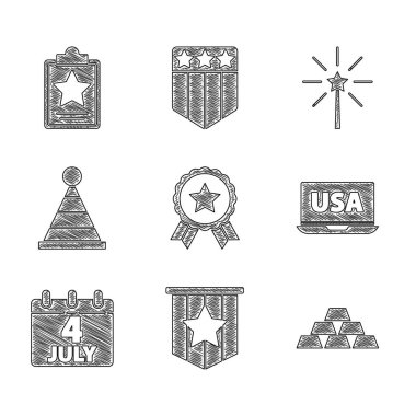 Yıldız, Amerikan bayrağı, altın külçeli madalya dizüstü bilgisayar, takvim tarihi 4 Temmuz, Parti şapkası, Havai fişek ve Bağımsızlık Günü ikonu. Vektör