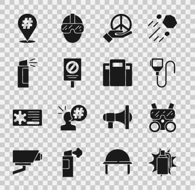 El bombası, gaz maskesi, telsiz, barış, protesto, biber gazı ve polis saldırı kalkanı ikonu. Vektör