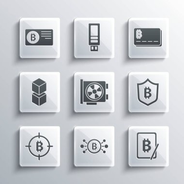 Bitcoin devrede, bitcoin madenciliği tabletten, kalkandan, görüntü kartı, hedef, engelleme teknolojisi, kredi ve simge ile ayarlayın. Vektör