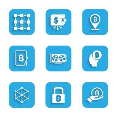Video grafik kartını ayarla, bitcoin ile kilitle, Bitcoin 'i tut, düşün, Blokchain teknolojisi, tabletten madencilik ve ikon. Vektör