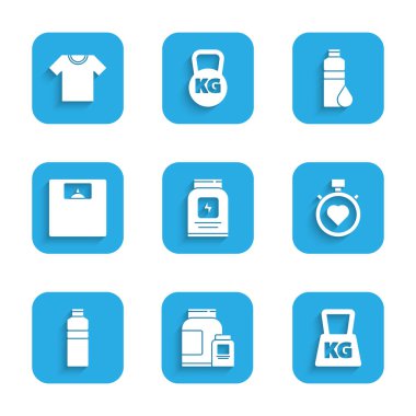 Spor beslenmesi, ağırlık merkezi kronometrede kalp, fitness aleti, banyo terazisi ve tişört ikonu. Vektör