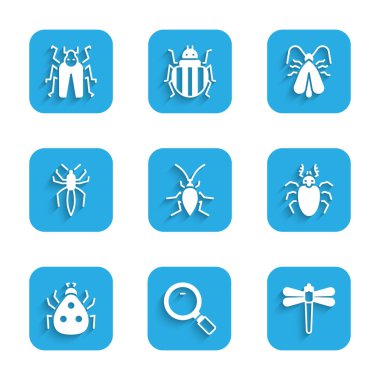Set Hamamböceği, Büyüteç, Yusufçuk, Böcek geyiği, Uğur Böceği, Örümcek, Giysi Güvesi ve ikonu. Vektör