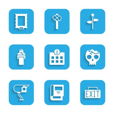 Set Bilgileri, Tarih Kitabı, Çıkış Tabelası, Kırık İnsan Kafatası, Güvenlik Kamerası, Ders veriyor, Trafik Levhası ve Resim Simgesi. Vektör