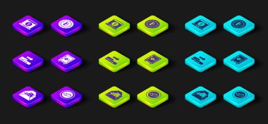 Zarfı dolar sembolü, altın çubuk, Pos terminali, Güvenli, Bitcoin ve dizüstü bilgisayar simgesi ile ayarla. Vektör